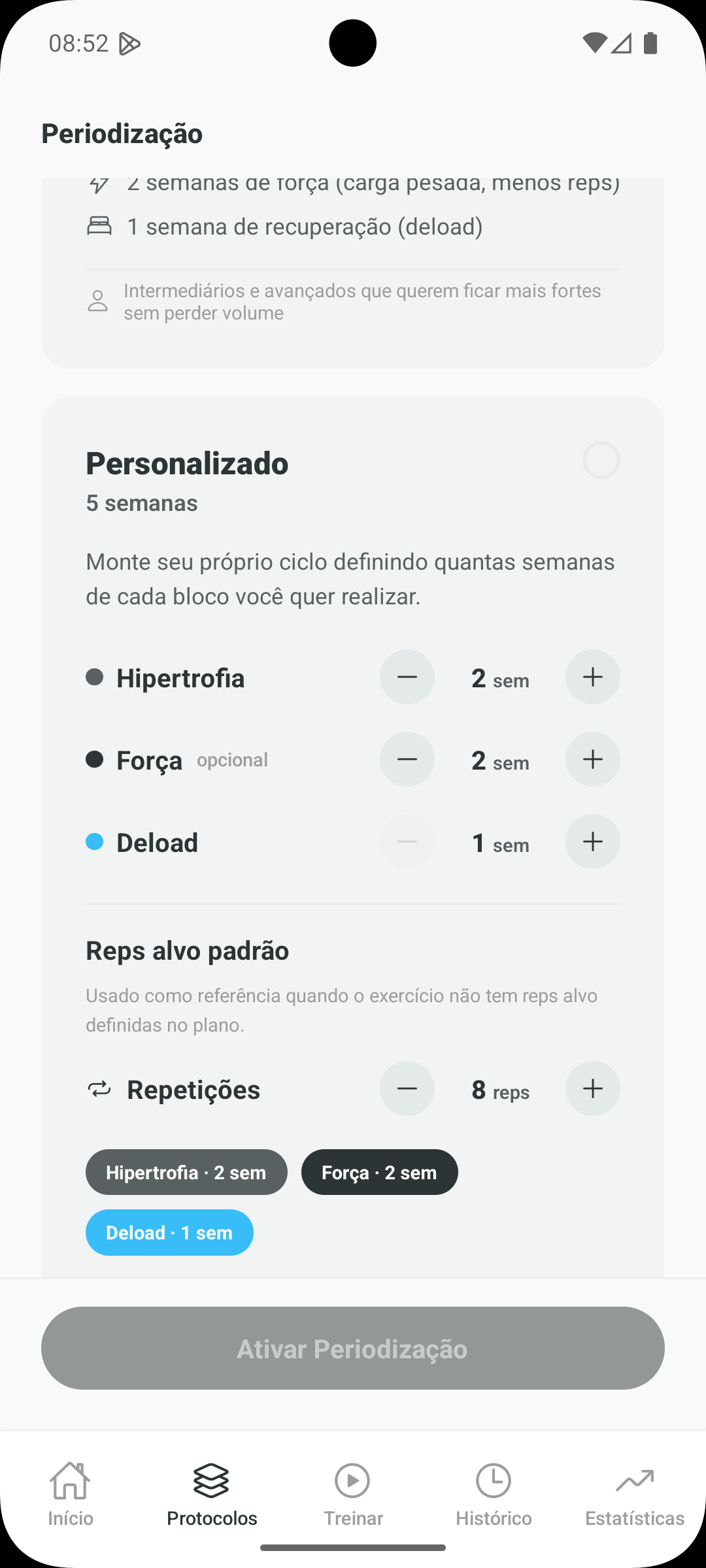 Tela de periodização do app Pulse